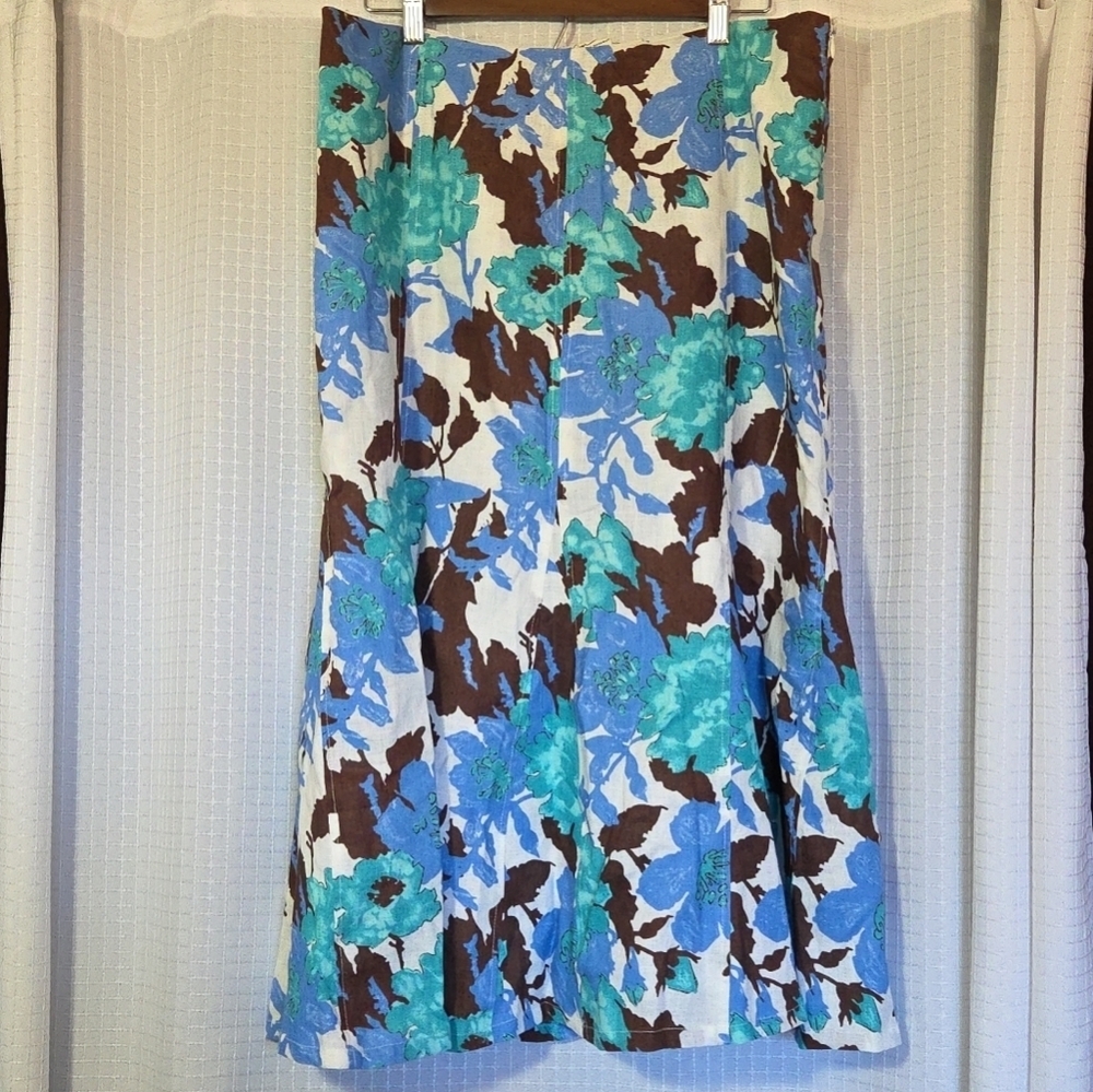 Kim Rogers Floral Blue Green Size 14 100% Linen A-line Lined Side Zip Midi Skir